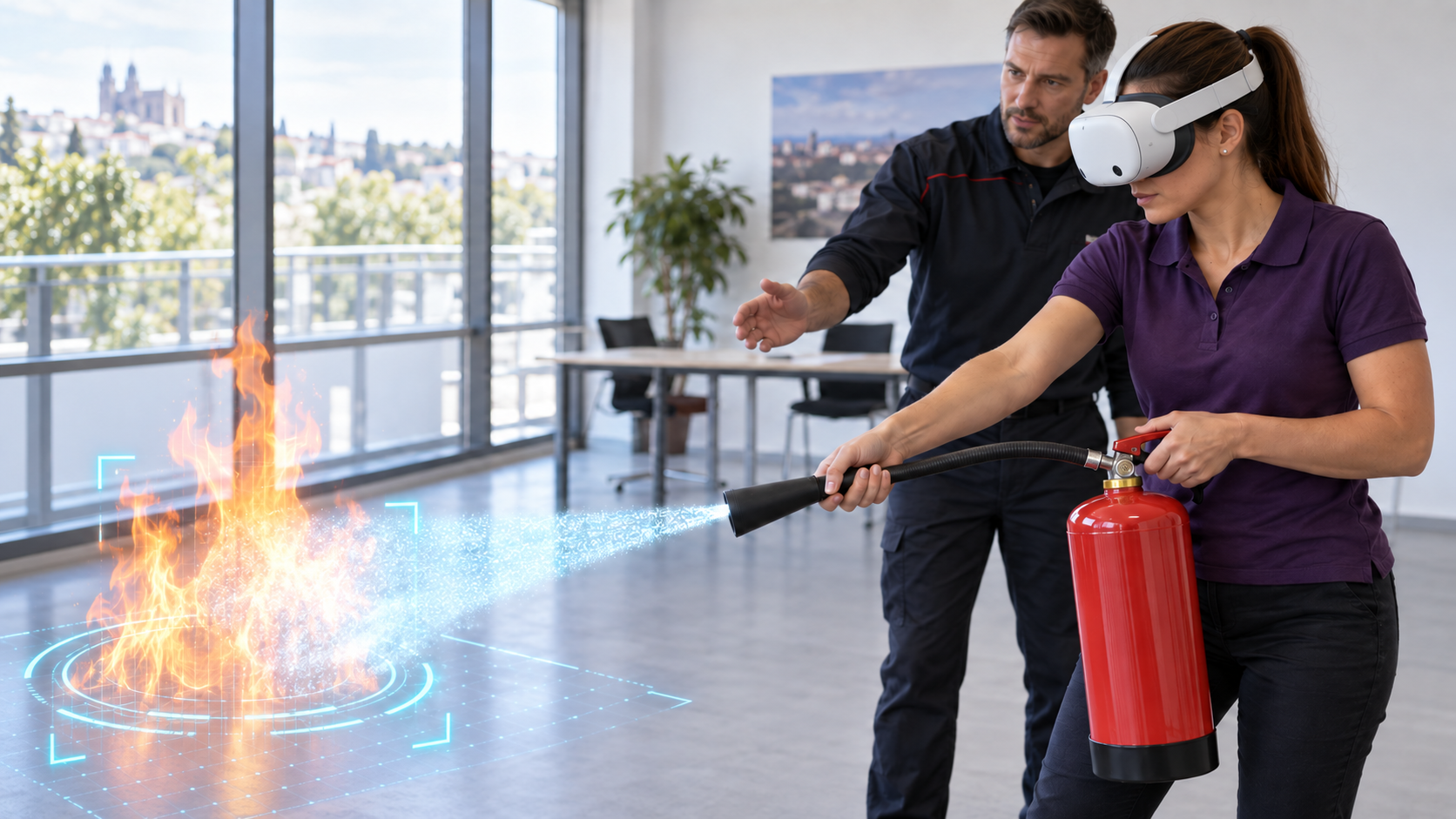 Formation sécurité en réalité augmentée — exercice sur feu virtuel, casque de RA